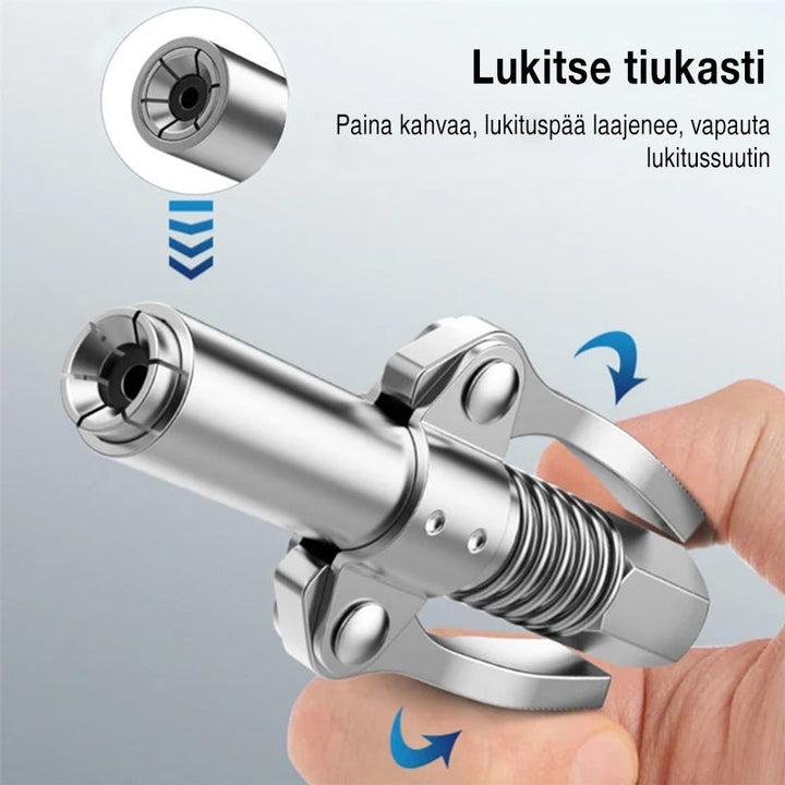 Holdbar smørepistol kobling i rustfrit stål, lækagesikker og nem hurtigforbindelse til industriel brug.
