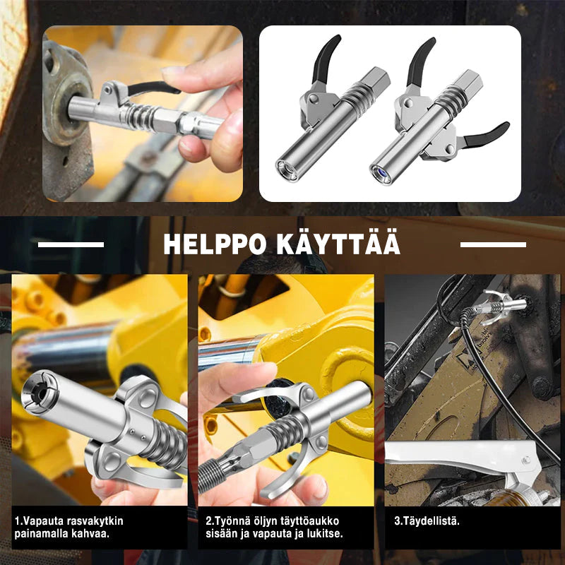 Holdbar smørepistol kobling i rustfrit stål, lækagesikker og nem hurtigforbindelse til industriel brug.