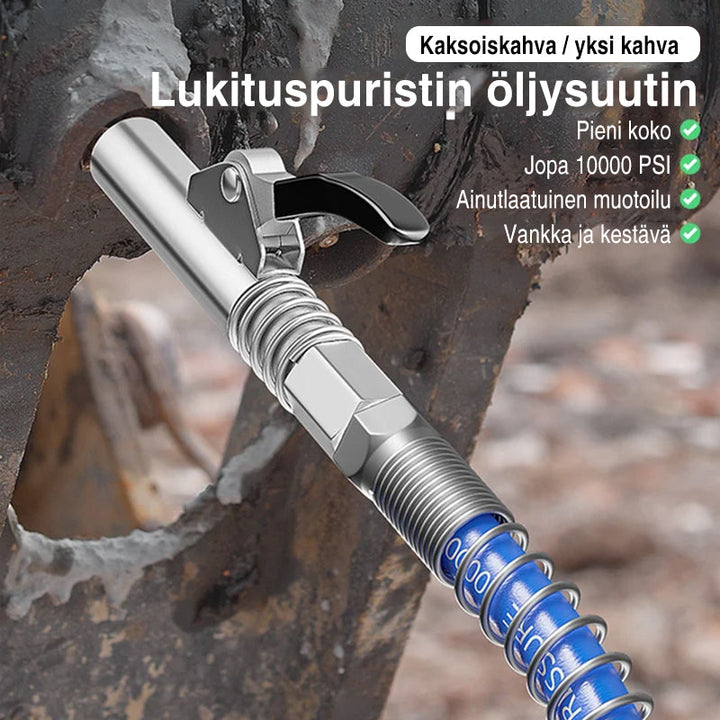 Holdbar smørepistol kobling i rustfrit stål, lækagesikker og nem hurtigforbindelse til industriel brug.