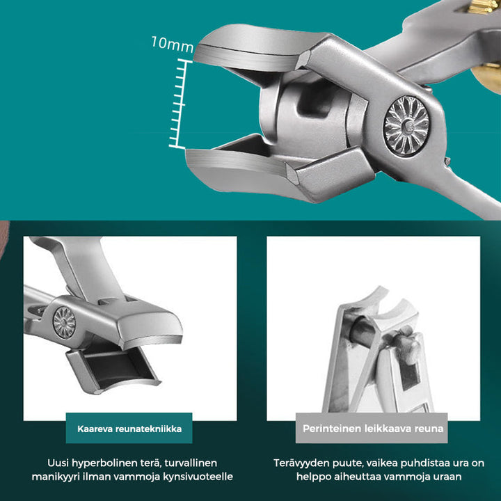 Holdbar negleklipper i rustfritt stål; ergonomisk design og låsering gjør negletrimming enkel og presis.