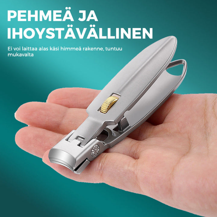 Holdbar negleklipper i rustfritt stål; ergonomisk design og låsering gjør negletrimming enkel og presis.