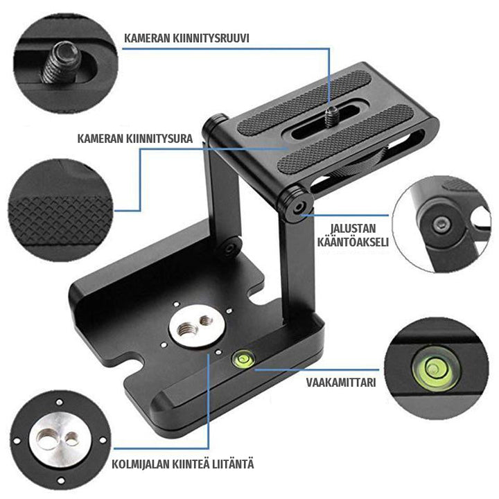 Letvægts Z-formet foldbart sort kamerastativ med kompakt design, lavet af aluminiumslegering, justerbart og alsidigt til fotografering.