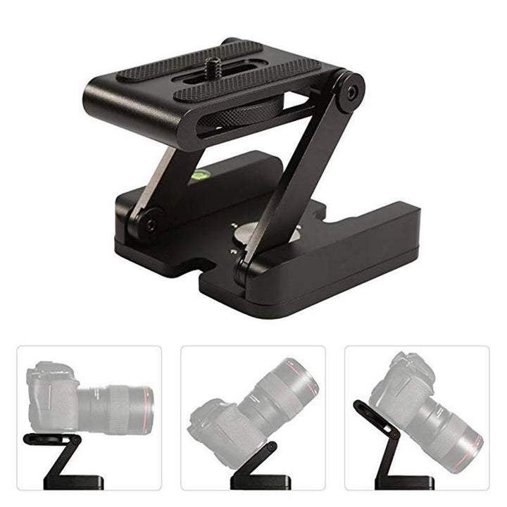 Letvægts Z-formet foldbart sort kamerastativ med kompakt design, lavet af aluminiumslegering, justerbart og alsidigt til fotografering.