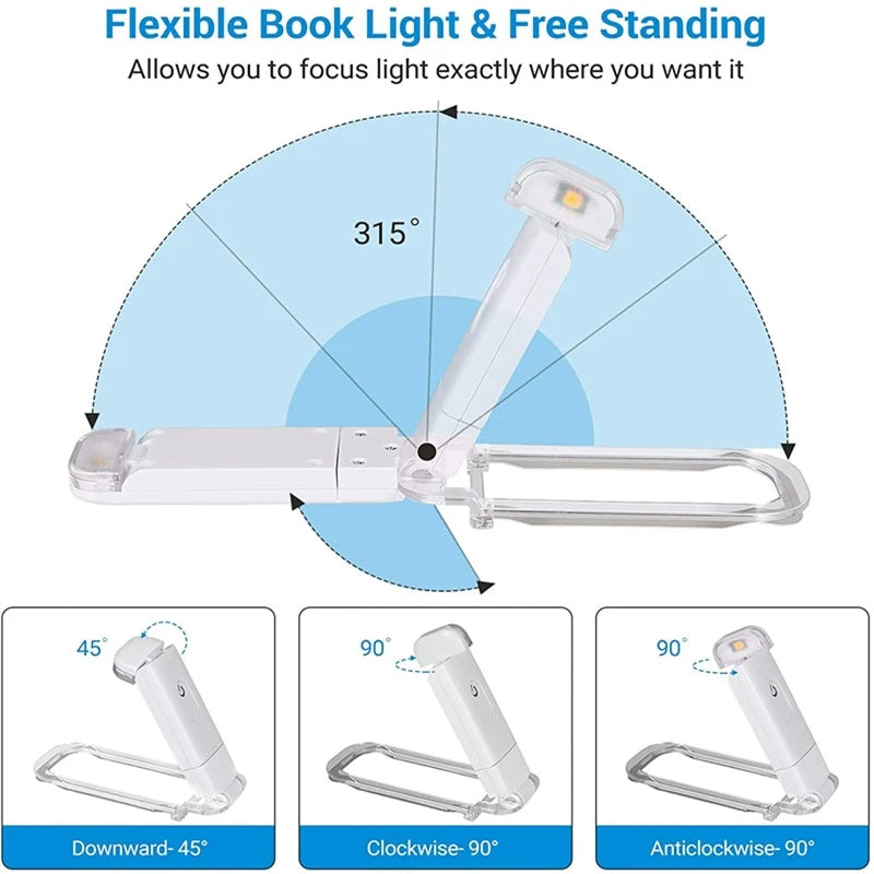 Let og stilfuld genopladelig LED boglampe med 350° fleksibel holder, USB-genopladelig, varmt hvidt lys, ideel rejsemakker