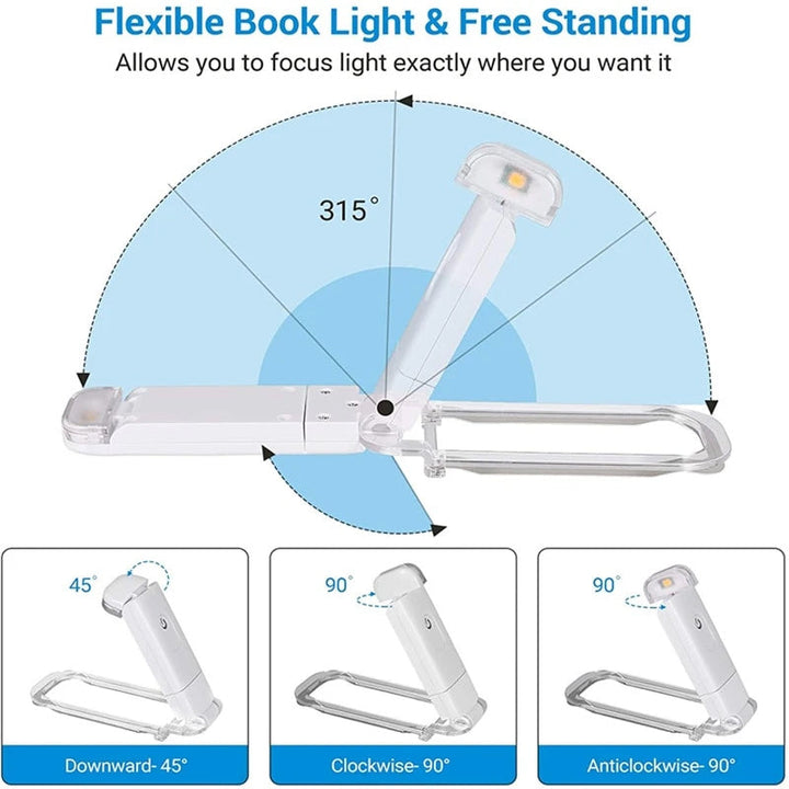Let og stilfuld genopladelig LED boglampe med 350° fleksibel holder, USB-genopladelig, varmt hvidt lys, ideel rejsemakker
