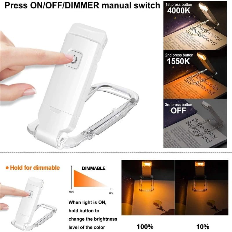 Let og stilfuld genopladelig LED boglampe med 350° fleksibel holder, USB-genopladelig, varmt hvidt lys, ideel rejsemakker