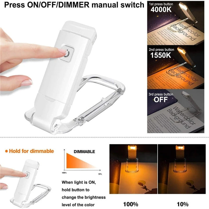 Let og stilfuld genopladelig LED boglampe med 350° fleksibel holder, USB-genopladelig, varmt hvidt lys, ideel rejsemakker