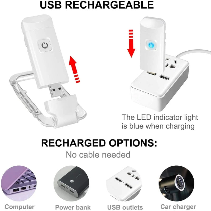 Let og stilfuld genopladelig LED boglampe med 350° fleksibel holder, USB-genopladelig, varmt hvidt lys, ideel rejsemakker
