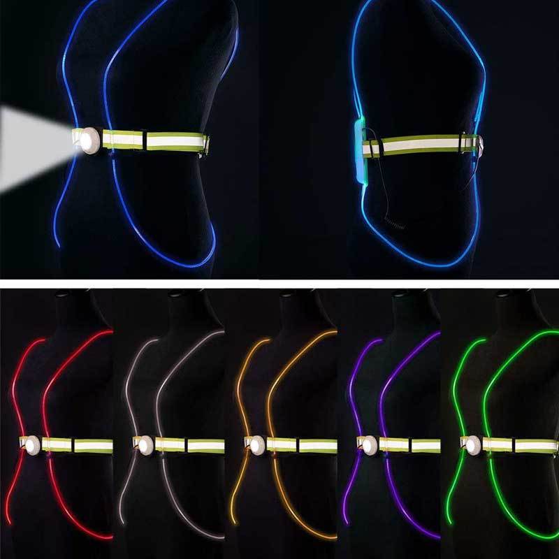 Let, klart oplyst refleksvest til voksne og børn, justerbar talje, LED-lys til natbrug, sikkerhed.