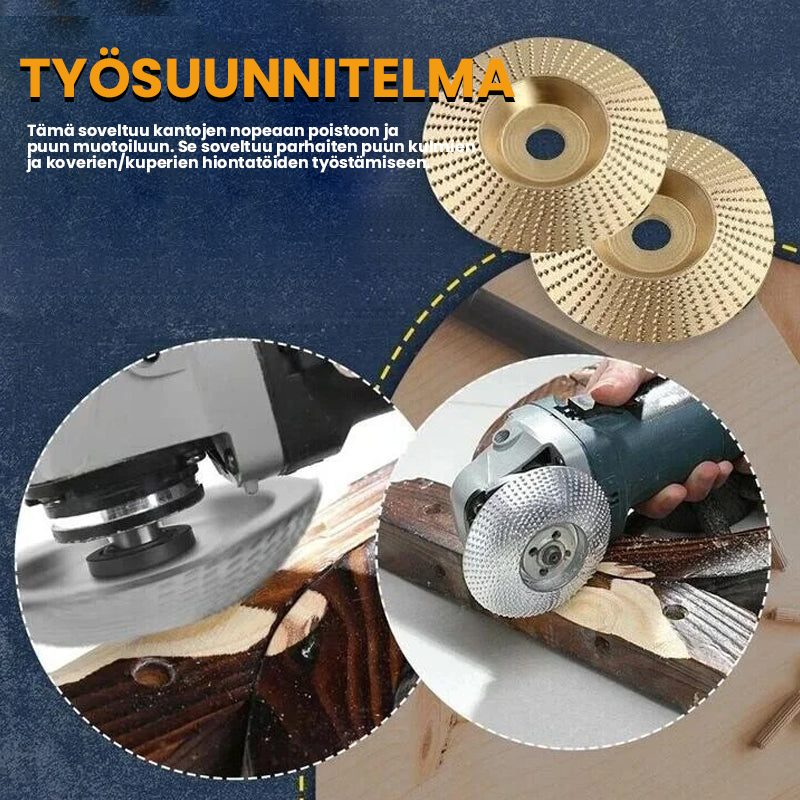 "Kiillotuslaikka kulmahiomakoneelle puuntyöstöön, kestävä teräs, nopea materiaalin poisto, sopii kuperille ja koverille pinno