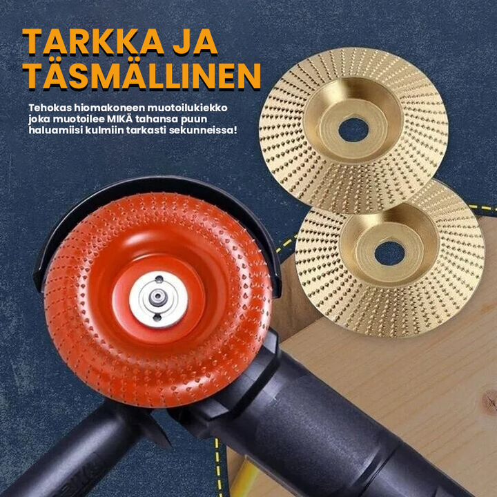 "Kiillotuslaikka kulmahiomakoneelle puuntyöstöön, kestävä teräs, nopea materiaalin poisto, sopii kuperille ja koverille pinno