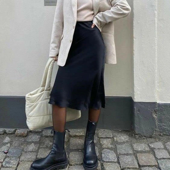 Dame A-line satin kjole til knæet med høj talje og skjult lynlås.