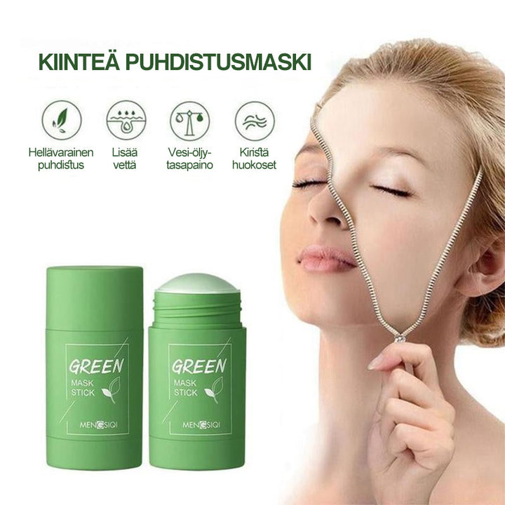 Fast rensemaske med grøn te og aubergine, kompakt og rund, i smuk emballage. Den ultimative hudpleje.