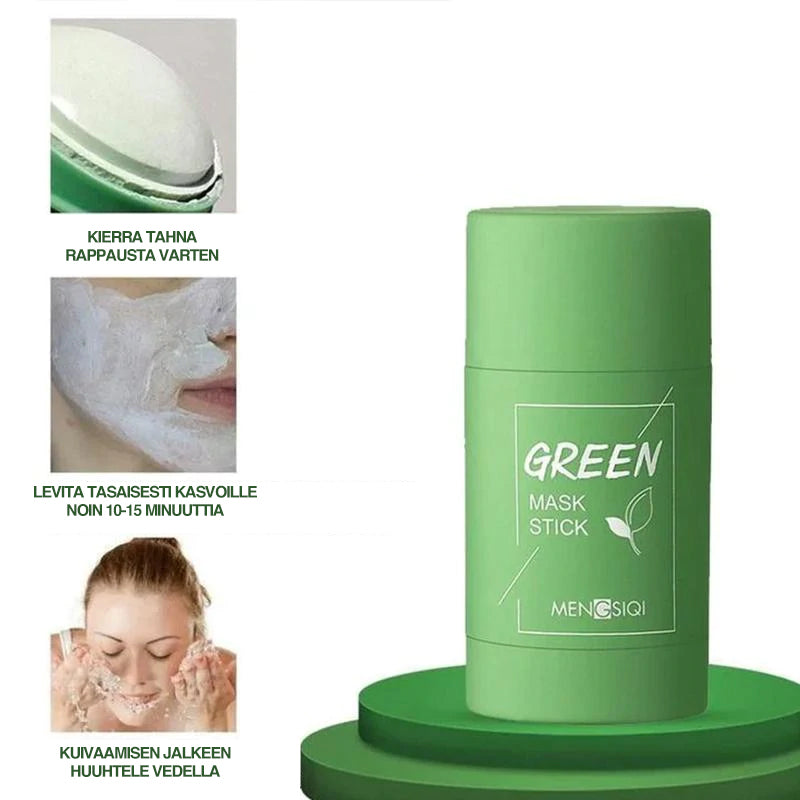 Fast rensemaske med grøn te og aubergine, kompakt og rund, i smuk emballage. Den ultimative hudpleje.