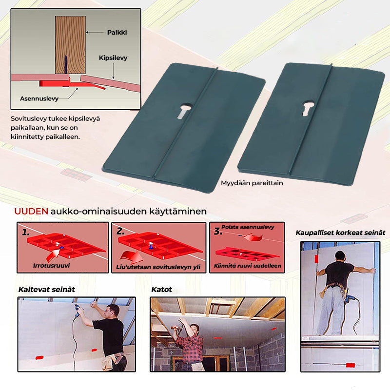 Grønt værktøj til loftinstallation af kipsplader: holdbar PVC, brugervenligt design, forborede huller, præcis justering.