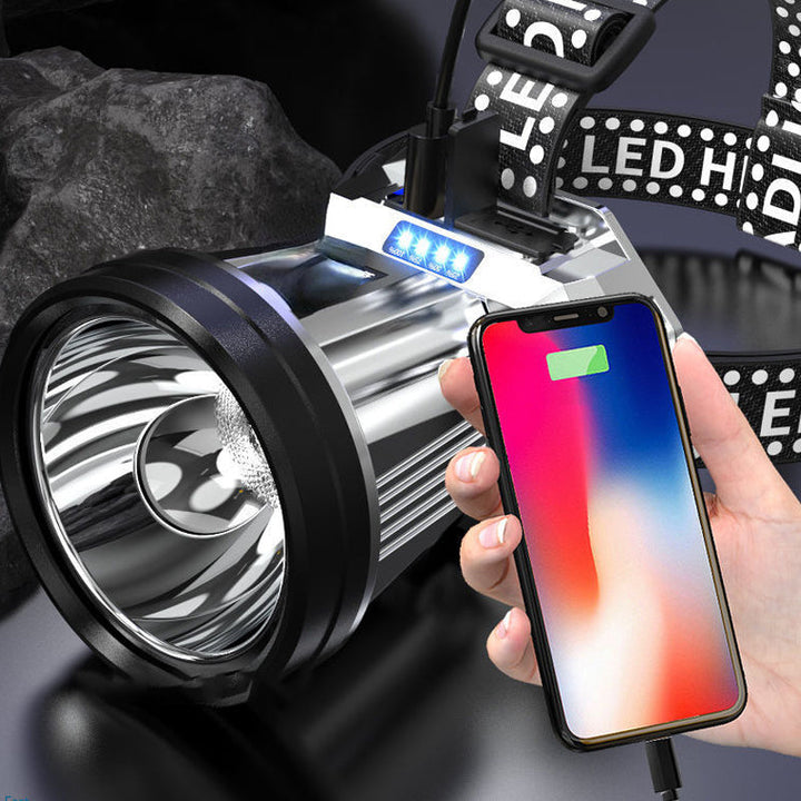 Kirkas USB-ladattava LED-otsalamppu, vedenpitävä, alumiiniseos, ulkokäyttöön soveltuva, musta runko, kuvattuna edestä.