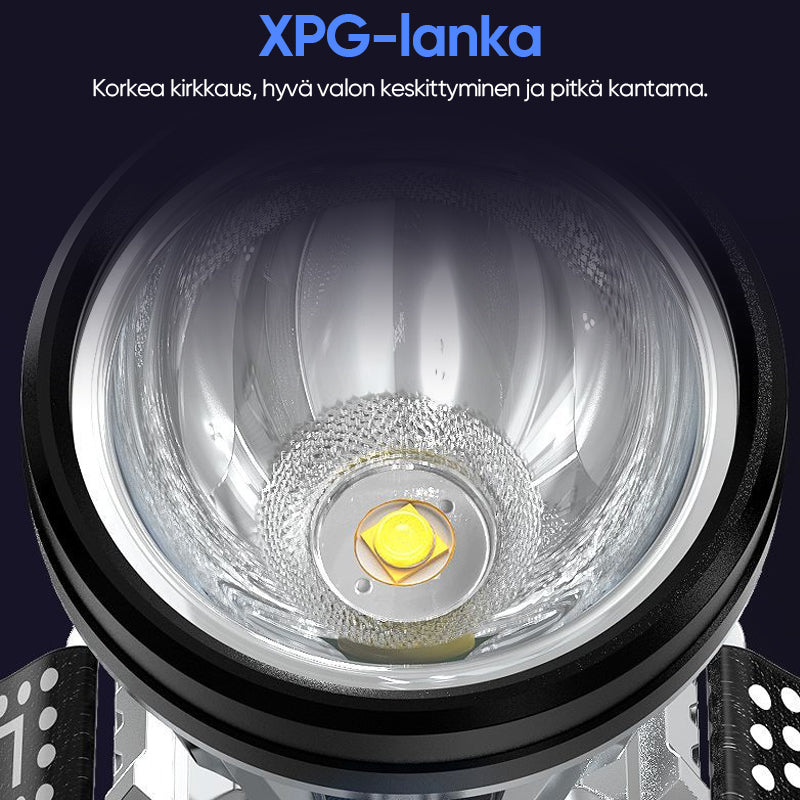 Kirkas USB-ladattava LED-otsalamppu, vedenpitävä, alumiiniseos, ulkokäyttöön soveltuva, musta runko, kuvattuna edestä.