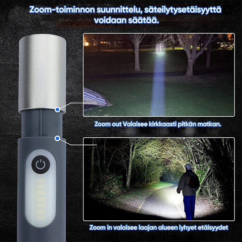 Lys stærk og justerbar LED lommelygte, sort krop, 750 lumen, justerbar lysstråle, vandtæt IP65, USB genopladelig.
