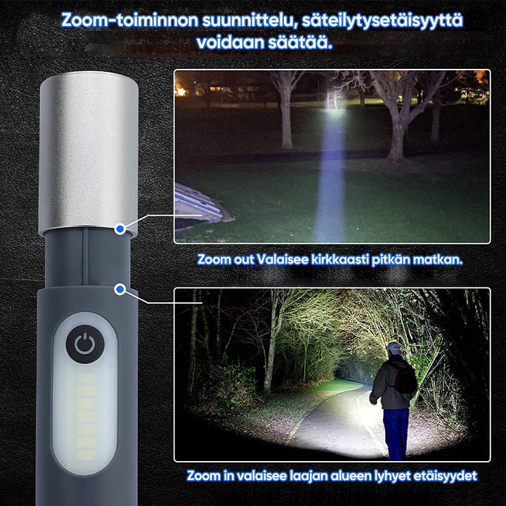 Lys stærk og justerbar LED lommelygte, sort krop, 750 lumen, justerbar lysstråle, vandtæt IP65, USB genopladelig.