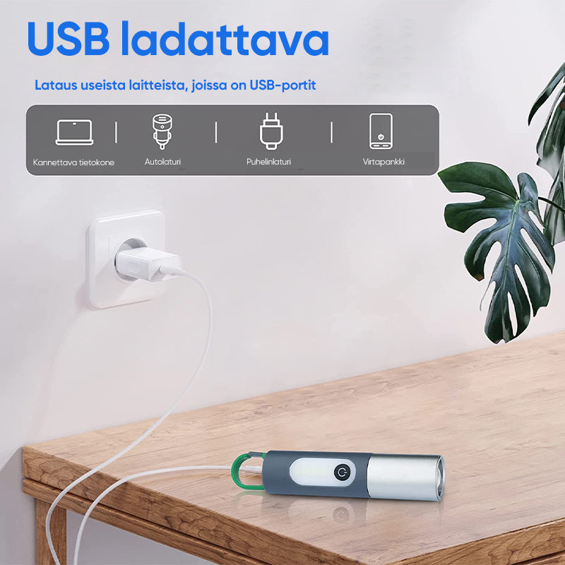 Lys stærk og justerbar LED lommelygte, sort krop, 750 lumen, justerbar lysstråle, vandtæt IP65, USB genopladelig.
