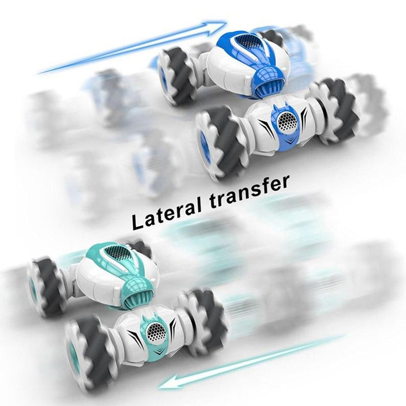 Lys farvet fjernstyret stunt bil til børn, let og holdbar konstruktion, laver tricks på asfalt og i terræn.
