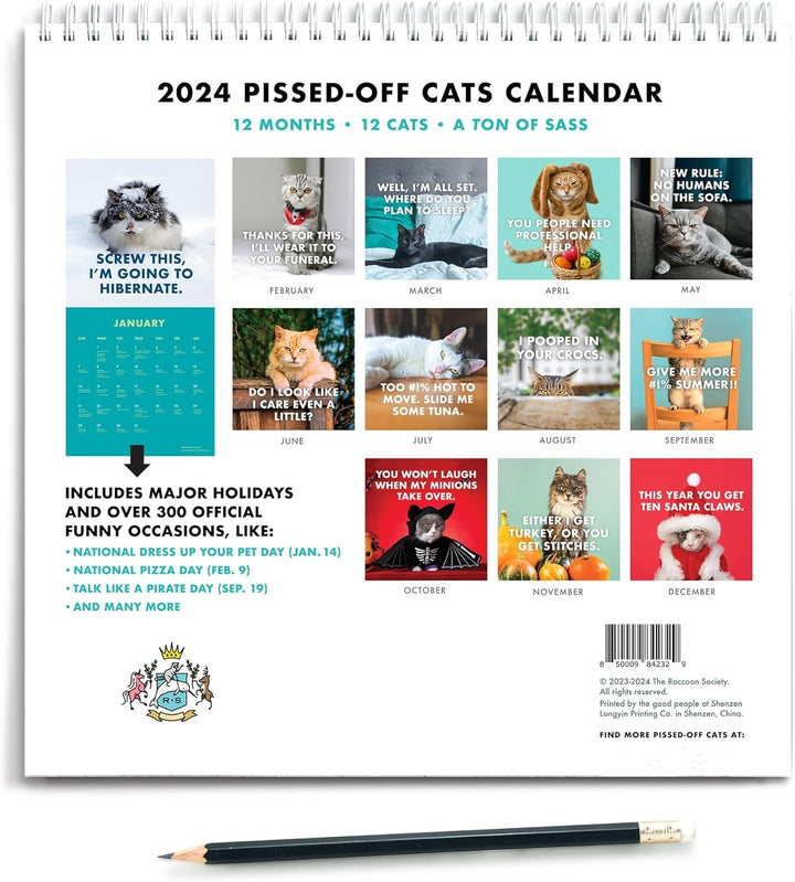 Kattentusiast 2024 vægkalender, dekorativt design, indeholder søde kattebilleder for hver måned, bringer glæde.