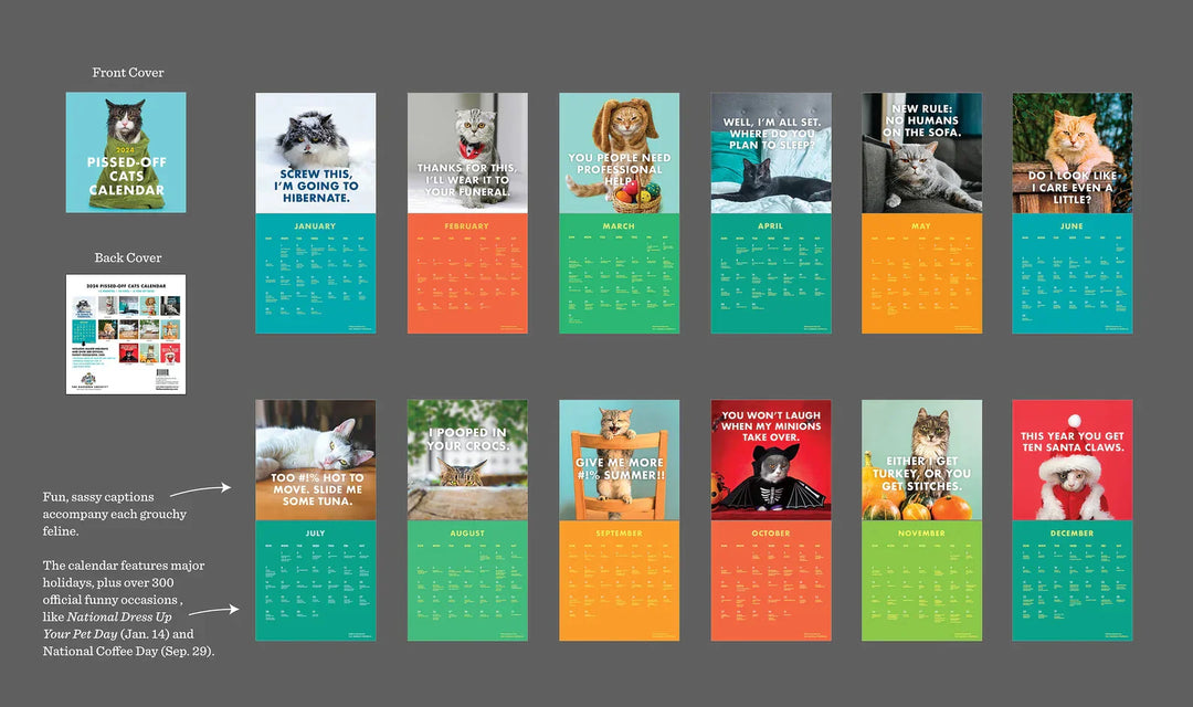Kattentusiast 2024 vægkalender, dekorativt design, indeholder søde kattebilleder for hver måned, bringer glæde.