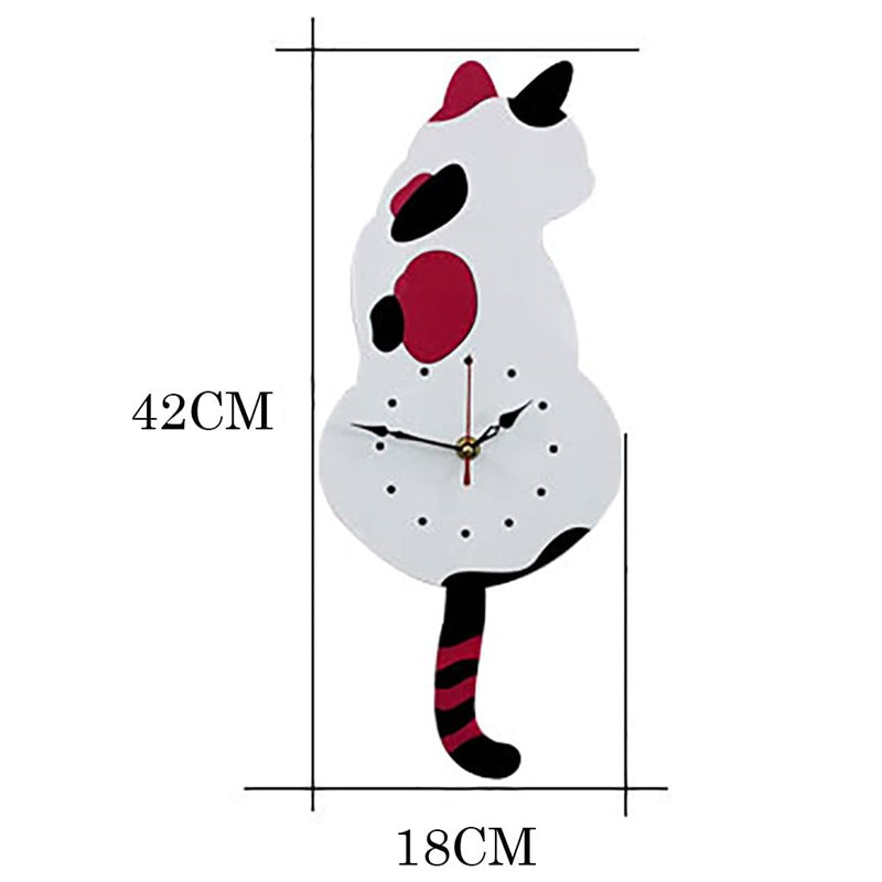 Vægur med katteudsmykning og svingende hale, tilgængelig i sort og hvid akryl, 42 cm højt, dekorativt og legende.