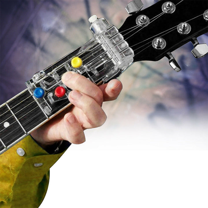 Guitar training aid for acoustic and electric guitars, black, lightweight and easy to use, supports C, D, G and E minor chords.