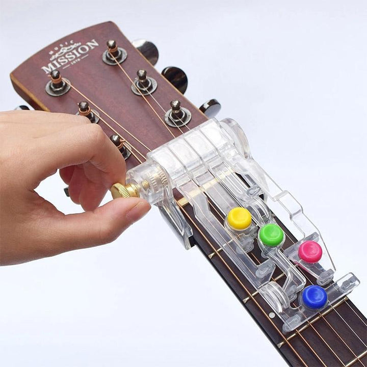 Guitar training aid for acoustic and electric guitars, black, lightweight and easy to use, supports C, D, G and E minor chords.