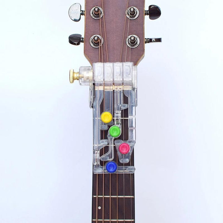 Guitar training aid for acoustic and electric guitars, black, lightweight and easy to use, supports C, D, G and E minor chords.