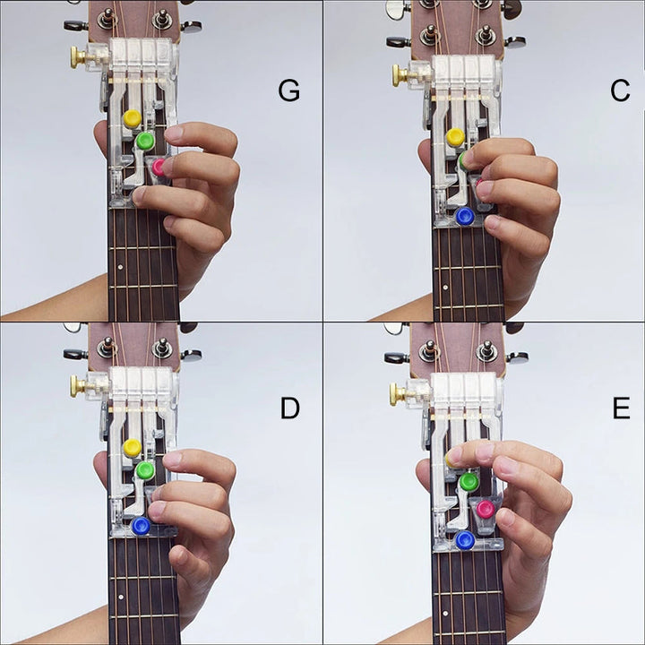 Guitar training aid for acoustic and electric guitars, black, lightweight and easy to use, supports C, D, G and E minor chords.