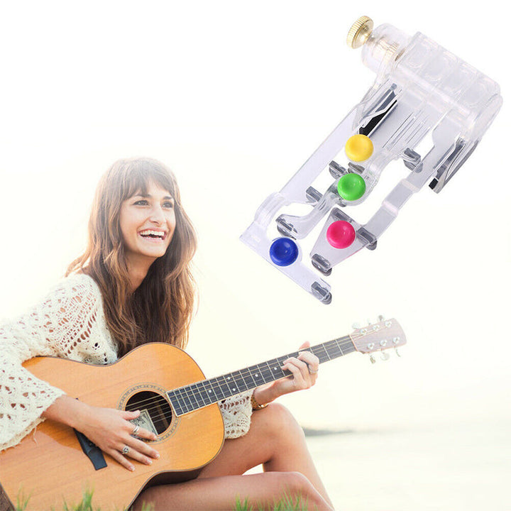 Guitar training aid for acoustic and electric guitars, black, lightweight and easy to use, supports C, D, G and E minor chords.