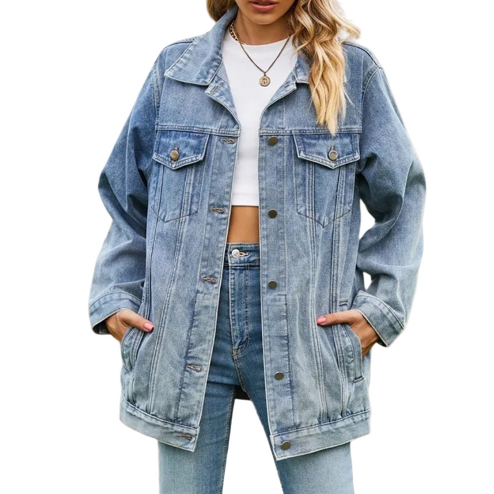 Klassinen naisten oversize denim-takki, retrotyylinen sininen jakku, nappikiinnitys ja ainutlaatuisia yksityiskohtia.