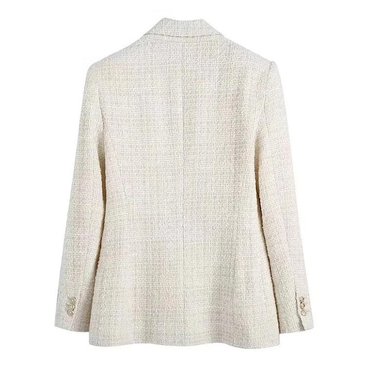 Klassisk tweed blazer til damer, dobbeltspændt design, beige nuance, lange ærmer, elegant vintage-stil til fester og hverdag.