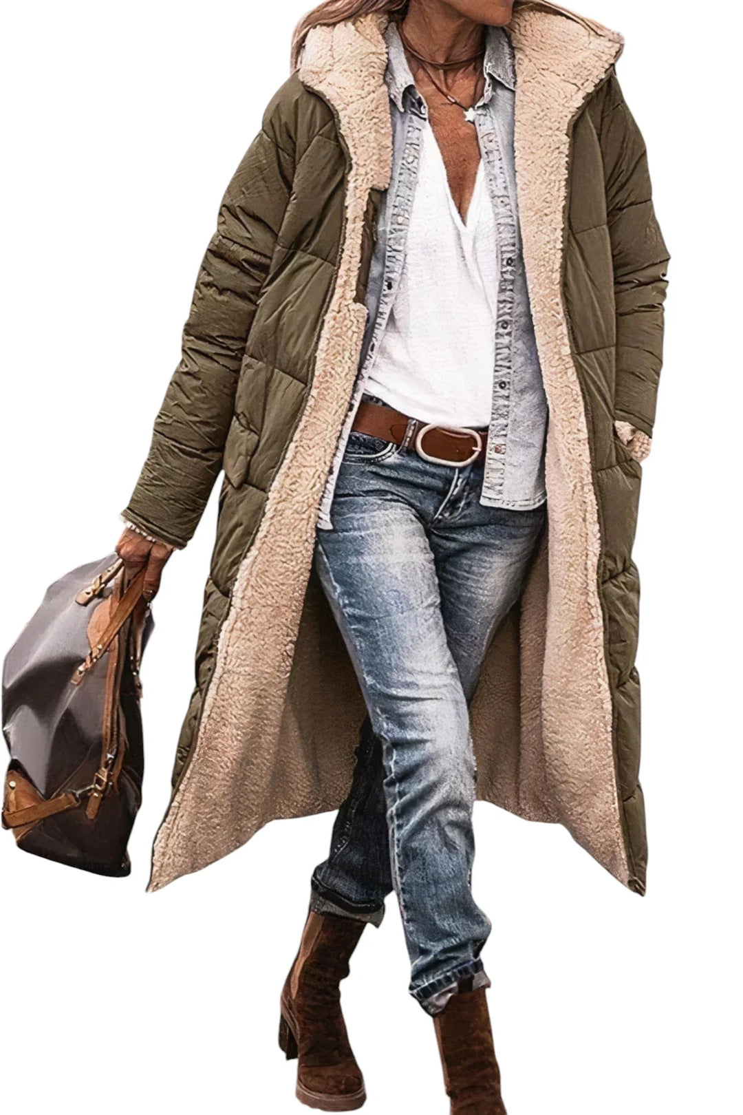 Vendbar dame lang parka, teddyfor, flerfarvet, med hætte, varm vinterjakke, elegant og alsidigt design.
