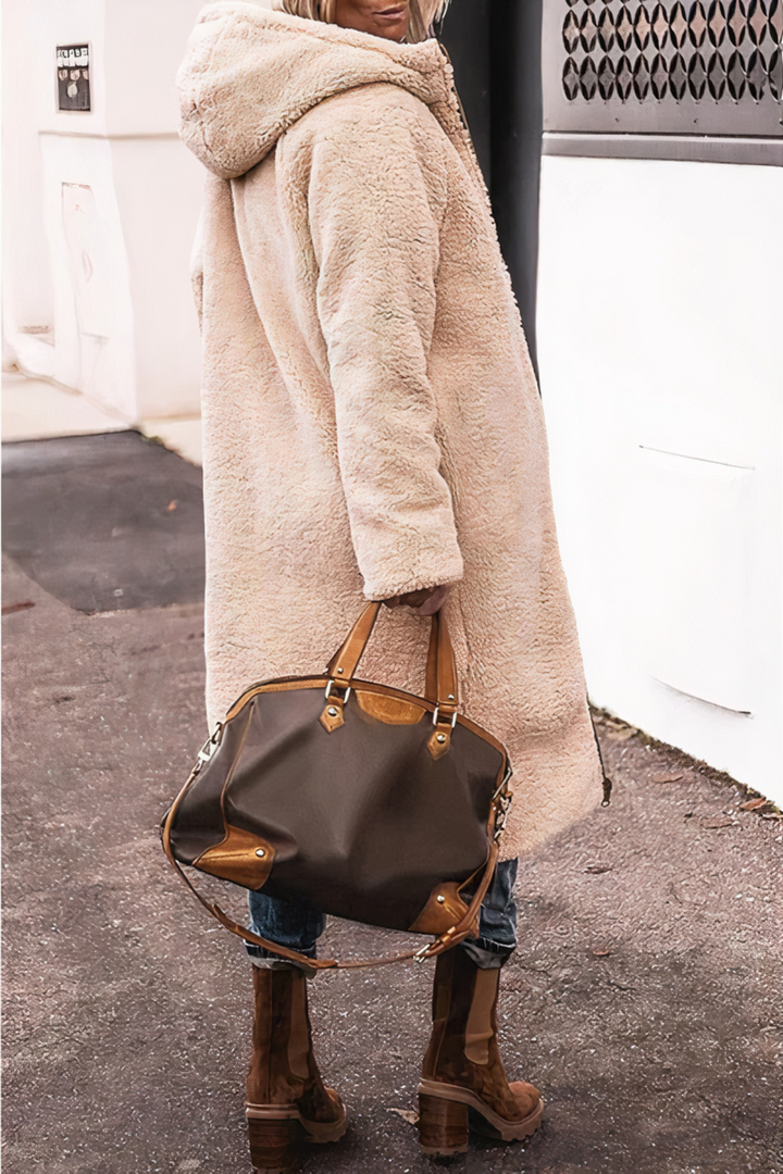 Vendbar dame lang parka, teddyfor, flerfarvet, med hætte, varm vinterjakke, elegant og alsidigt design.