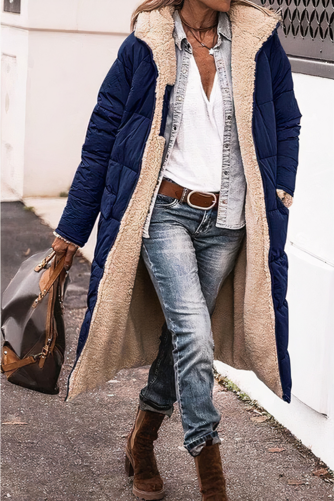 Vendbar dame lang parka, teddyfor, flerfarvet, med hætte, varm vinterjakke, elegant og alsidigt design.