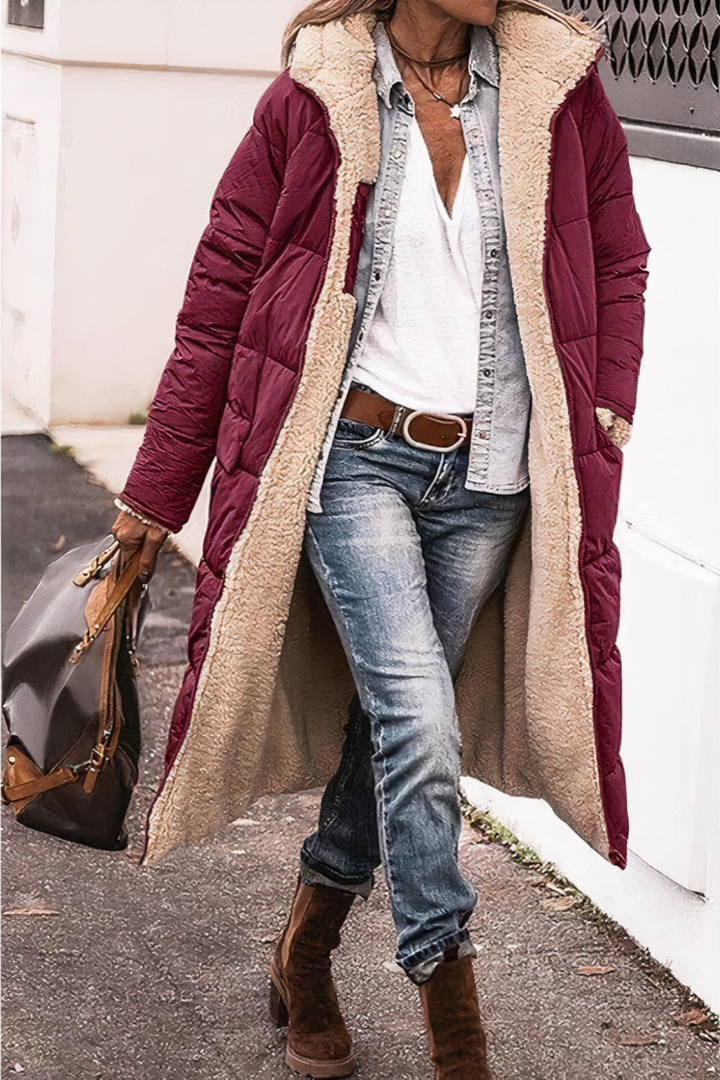 Vendbar dame lang parka, teddyfor, flerfarvet, med hætte, varm vinterjakke, elegant og alsidigt design.