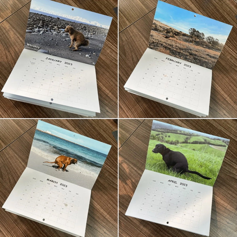 Hundekalender til væggen, sjove farverige billeder af hunde, perfekt gave til hundeelskere, bringer glæde til hjemmet.