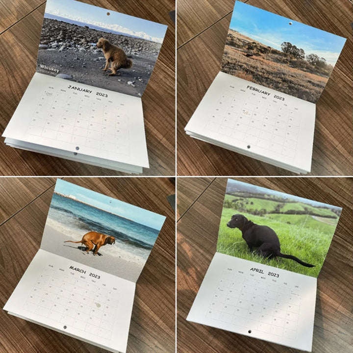 Hundekalender til væggen, sjove farverige billeder af hunde, perfekt gave til hundeelskere, bringer glæde til hjemmet.