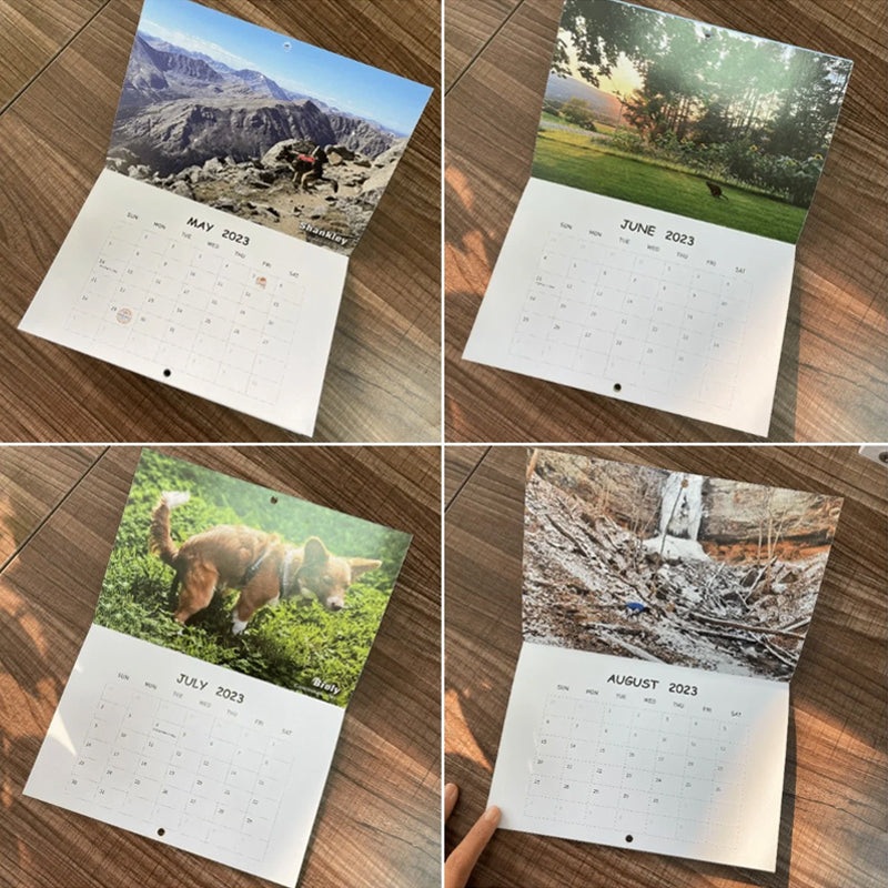Hundekalender til væggen, sjove farverige billeder af hunde, perfekt gave til hundeelskere, bringer glæde til hjemmet.