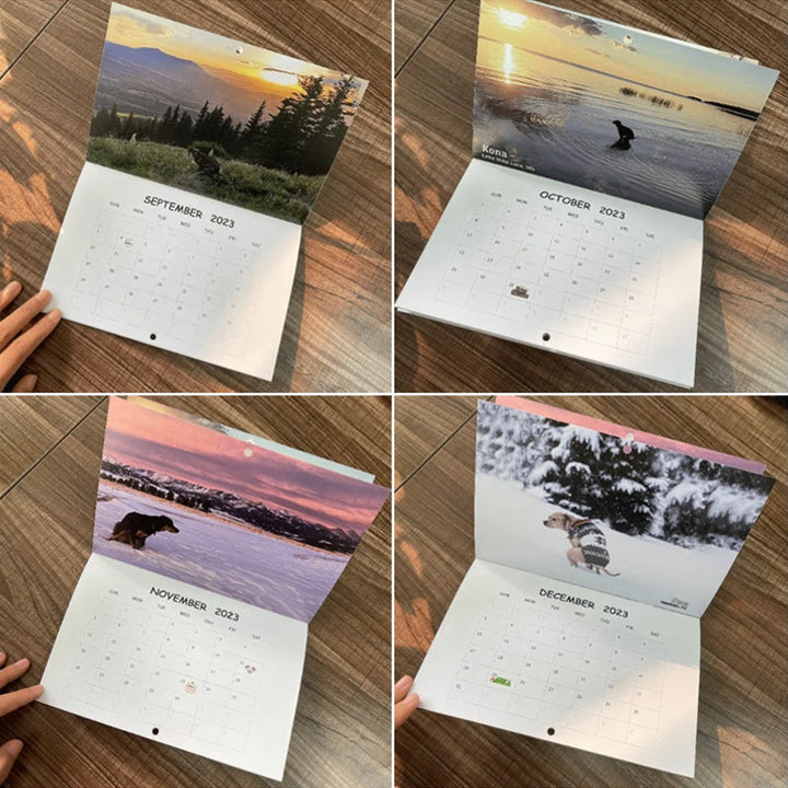 Hundekalender til væggen, sjove farverige billeder af hunde, perfekt gave til hundeelskere, bringer glæde til hjemmet.