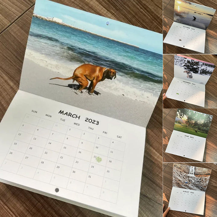 Hundekalender til væggen, sjove farverige billeder af hunde, perfekt gave til hundeelskere, bringer glæde til hjemmet.