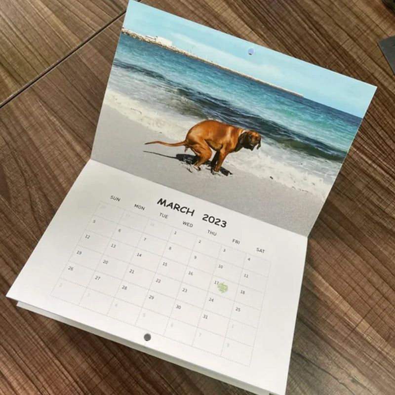 Hundekalender til væggen, sjove farverige billeder af hunde, perfekt gave til hundeelskere, bringer glæde til hjemmet.