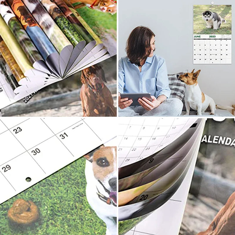Hundekalender til væggen, sjove farverige billeder af hunde, perfekt gave til hundeelskere, bringer glæde til hjemmet.
