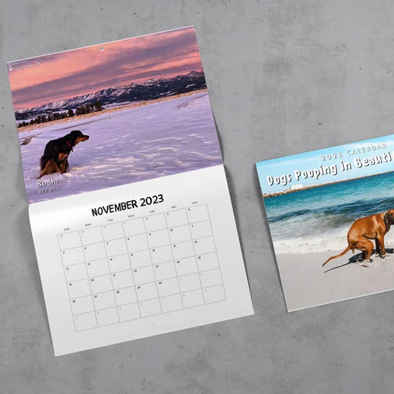 Hundekalender til væggen, sjove farverige billeder af hunde, perfekt gave til hundeelskere, bringer glæde til hjemmet.