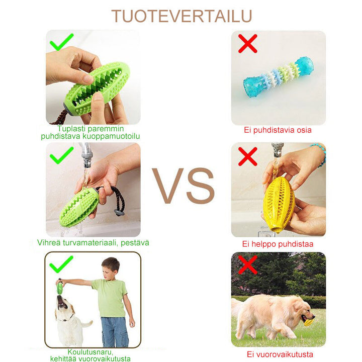 Hundes blå/grønne interaktive tandbørste legetøj, holdbart TPR-gummi, renser tænder og underholder kæledyr.