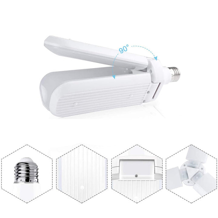 Sammenklappelig LED-lampe, køligt dagslys, justerbar, energieffektiv; plastkonstruktion til indendørs brug.