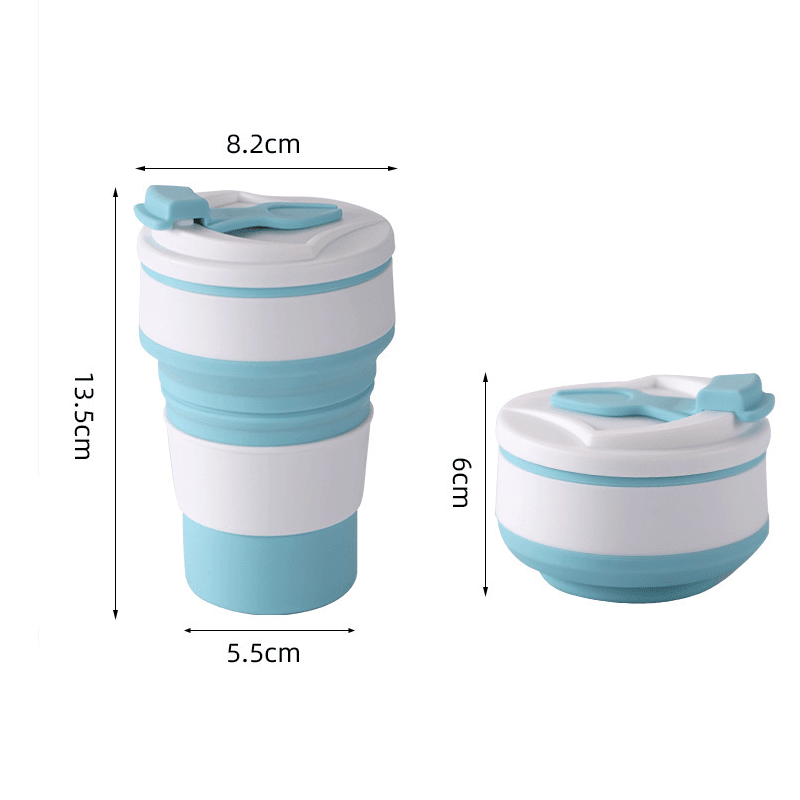 Sammenklappelig silikone termokop i blå, kompakt design, fødevaresikkert materiale, lækagesikkert låg.
